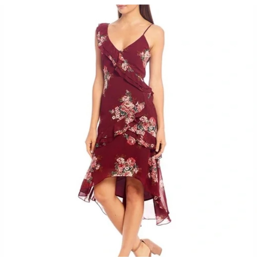 Wayf Red and Cream Asymmetrical High-Low Sundress